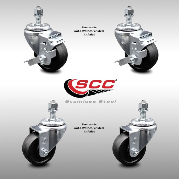 Service Caster 3 Inch SS Soft Rubber Wheel Swivel 1/2 Inch Threaded Stem Caster Brakes SCC, 2PK SCC-SSTS20S314-SRS-121315-2-TLB-2 - main